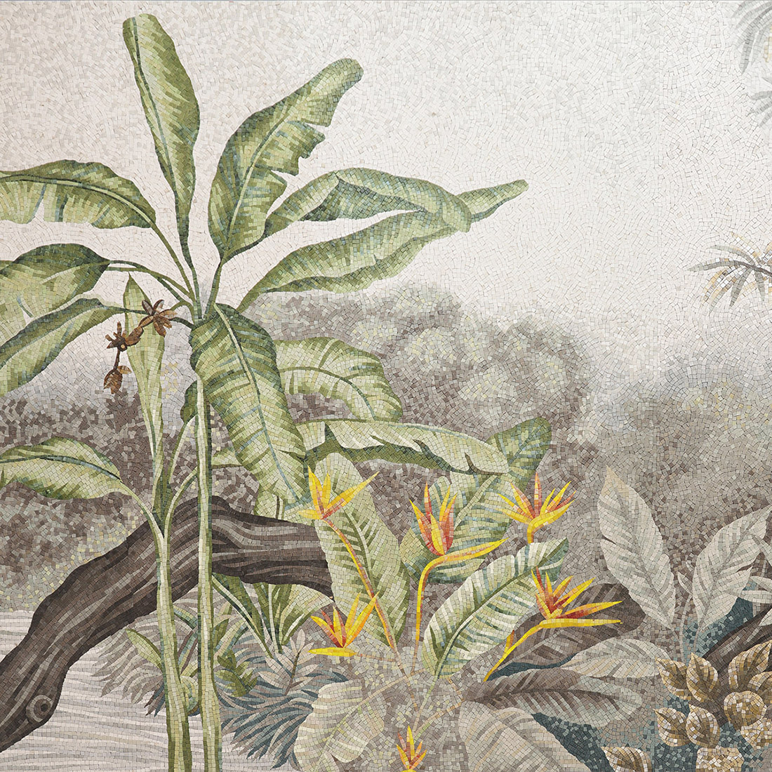 Handmade tropical rainforest mosaic mural with banana leaves and bird of paradise flowers