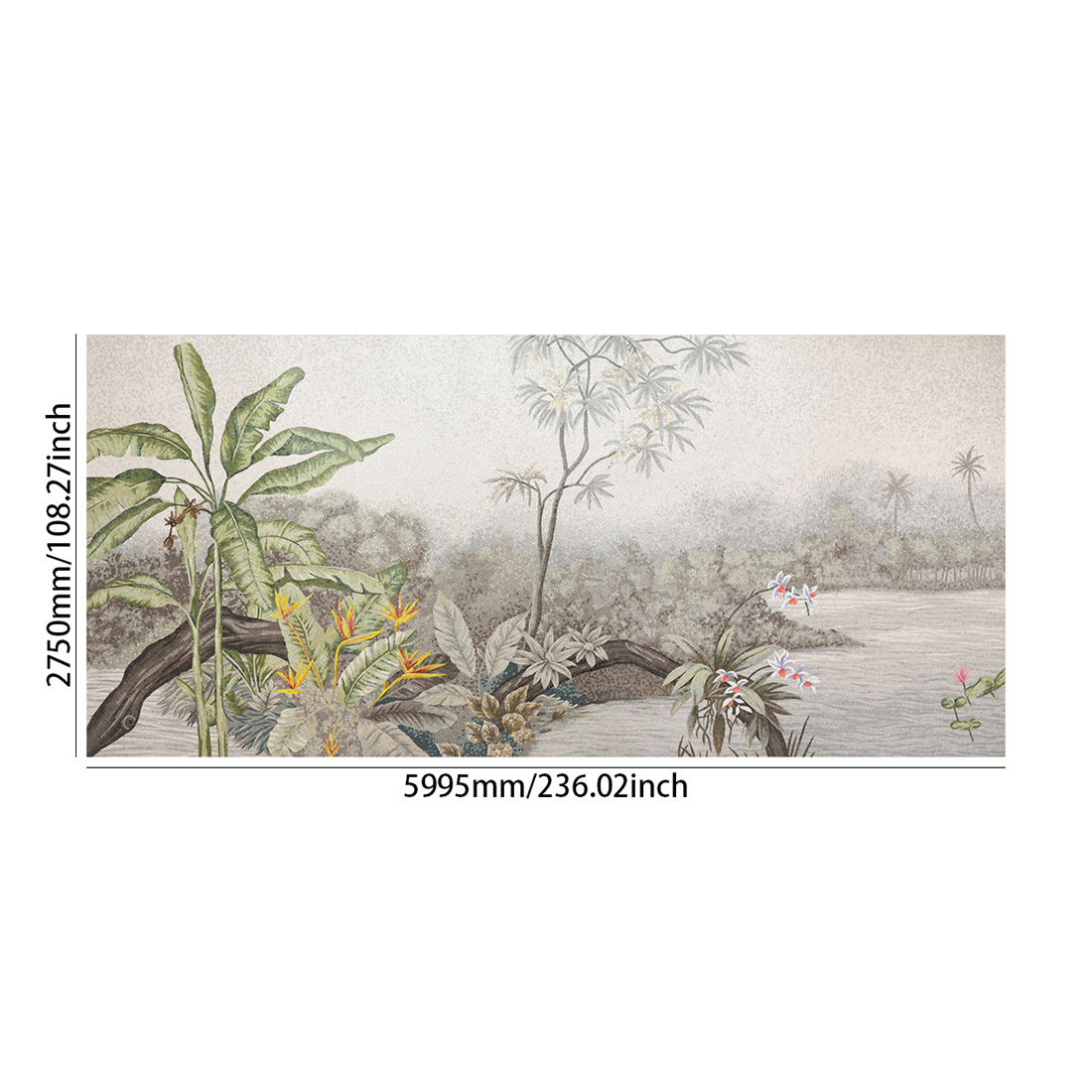 Full tropical rainforest mosaic mural with size display in millimeters and inches