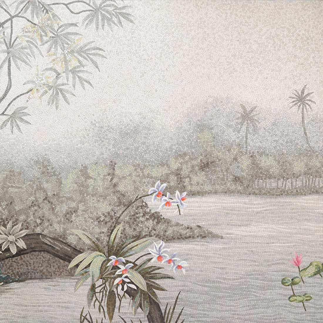 Tropical river landscape mosaic mural with soft trees, flowers, and lotus detail