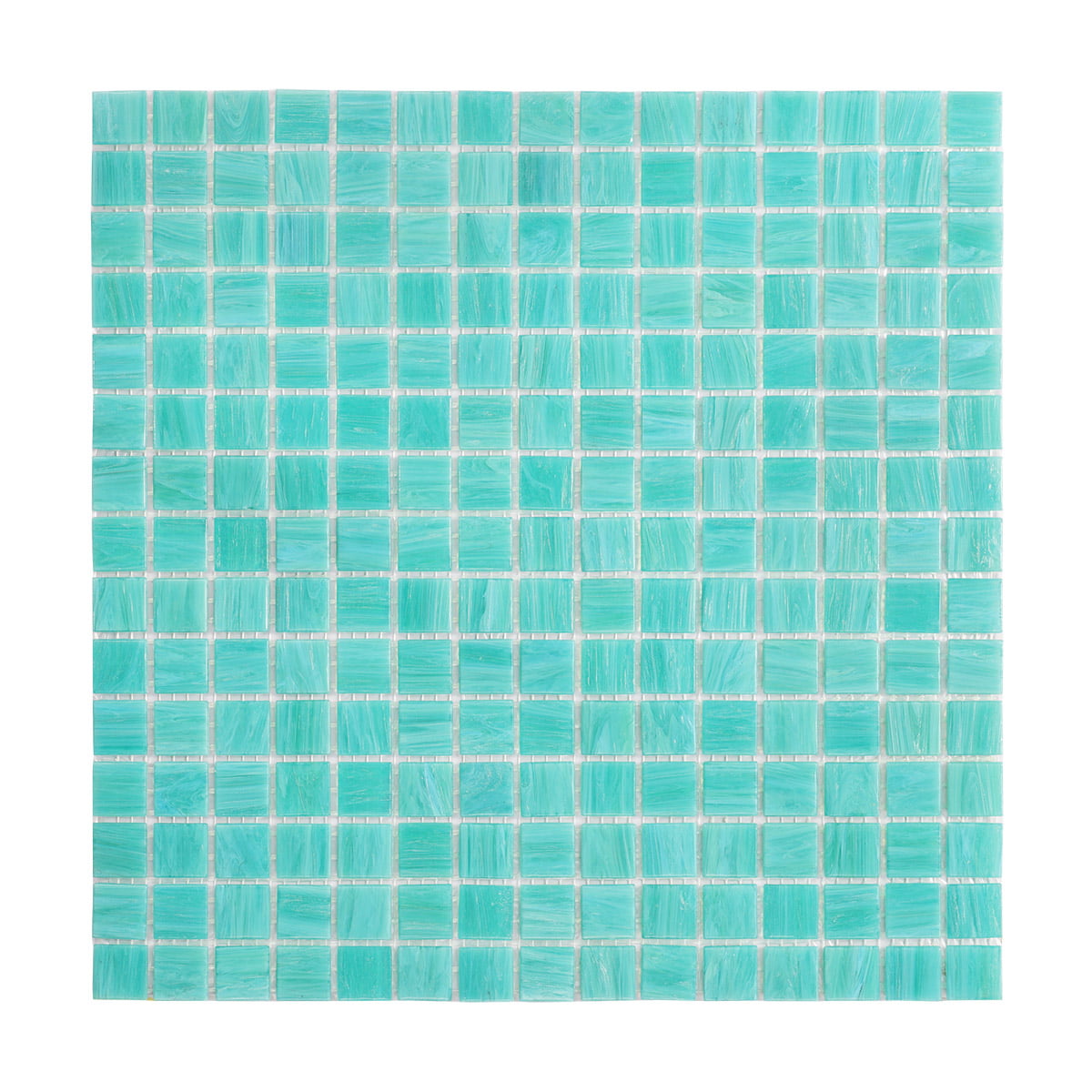 Turquoise glass mosaic tiles arranged on a wall, creating a fresh and vibrant aesthetic
