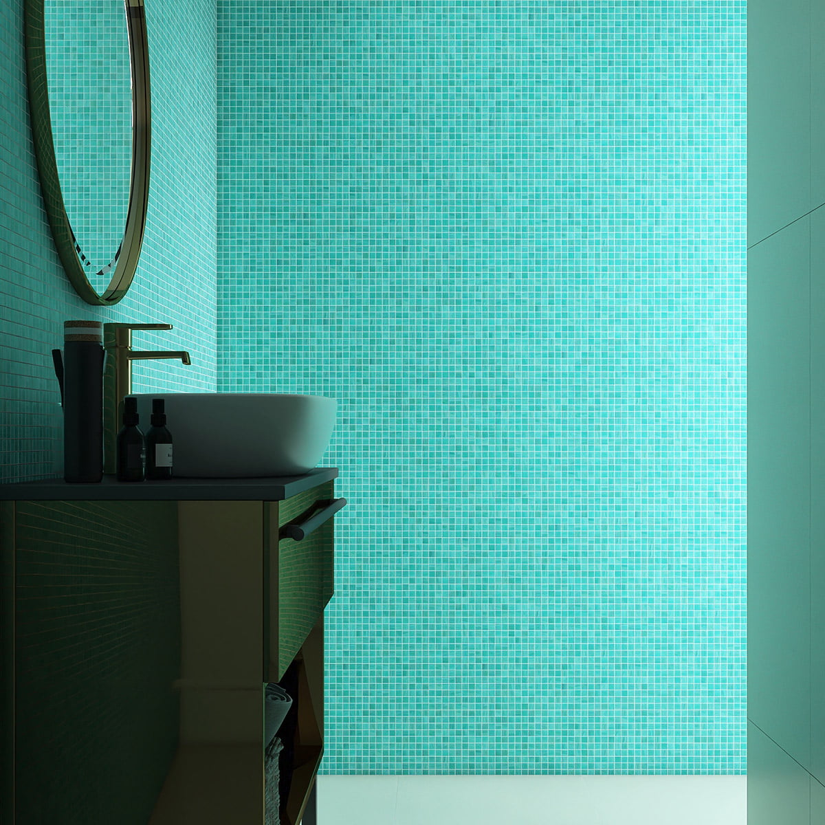 Turquoise mosaic tiles forming the backdrop for a sleek bathroom sink area, with a round mirror