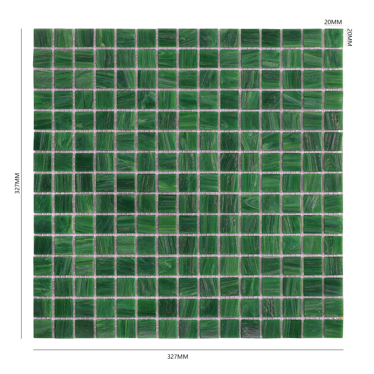 Vibrant green mosaic tiles in a square grid layout, with a glossy finish