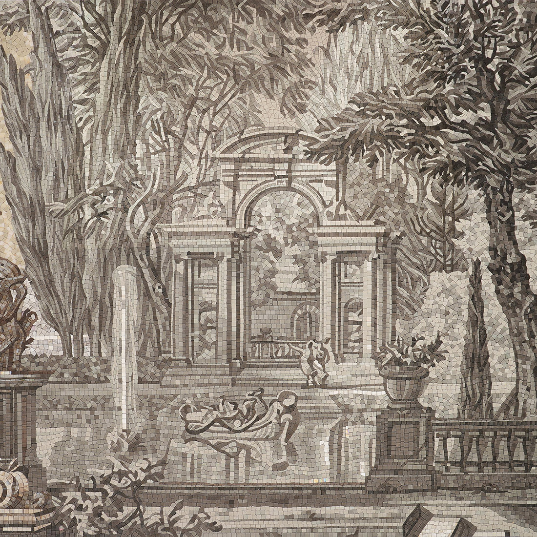 Vintage gray European garden mosaic mural with architecture and trees