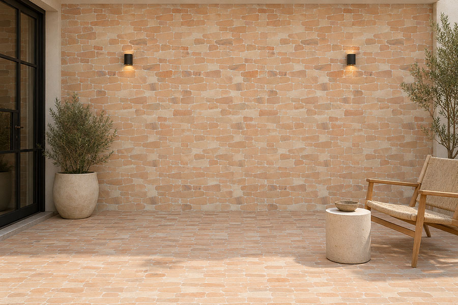 Warm travertine outdoor patio tiles covering a courtyard wall and floor with seating