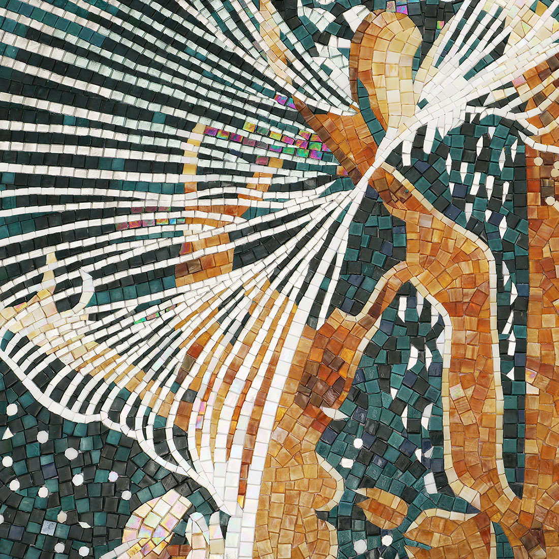 White and gold abstract line mosaic mural detail with handmade glass pieces