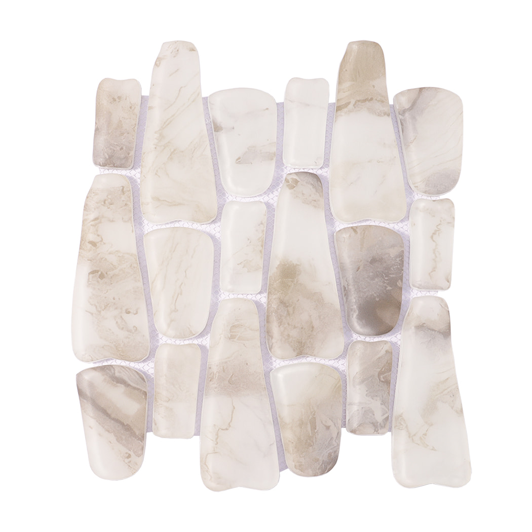White beige irregular rounded mosaic tile sheet on mesh backing