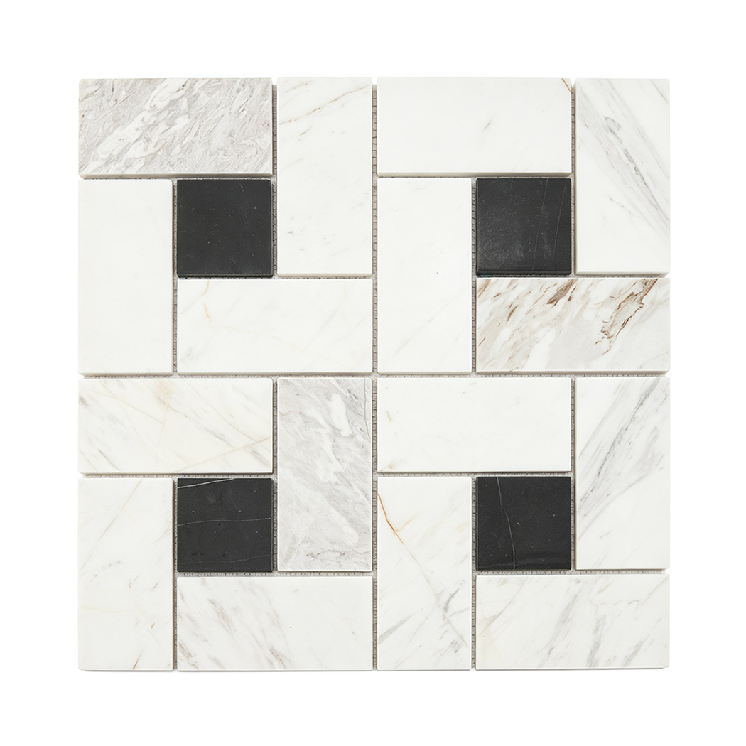 Front view of white and black marble geometric mosaic tile sheet