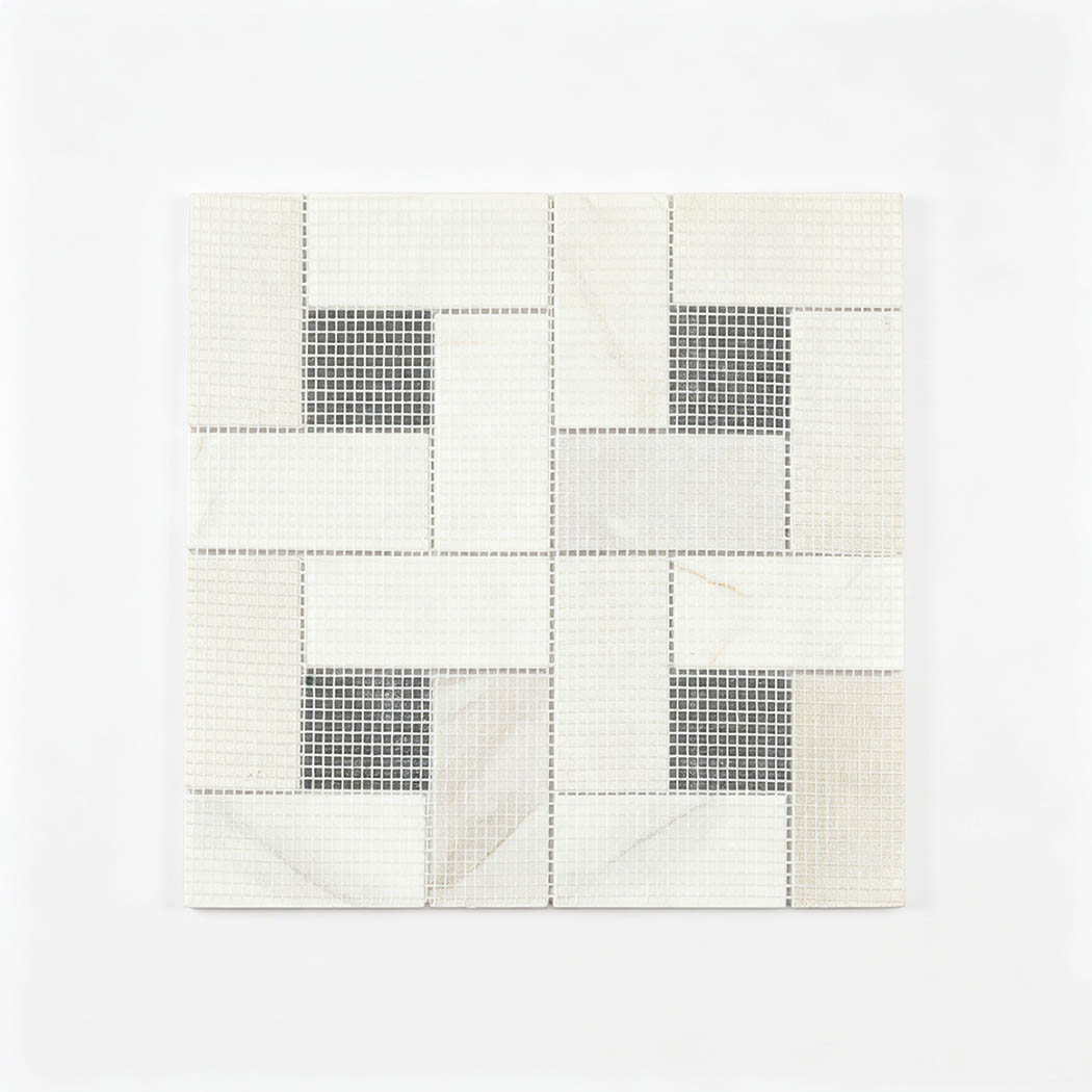 Mesh back view of white and black marble geometric mosaic tile