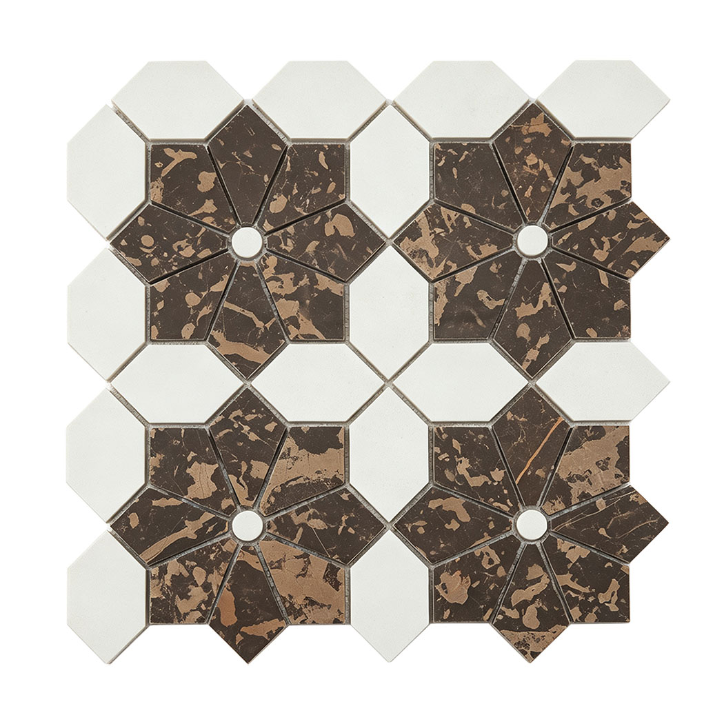 Front view of white and brown marble floral mosaic tile sheet