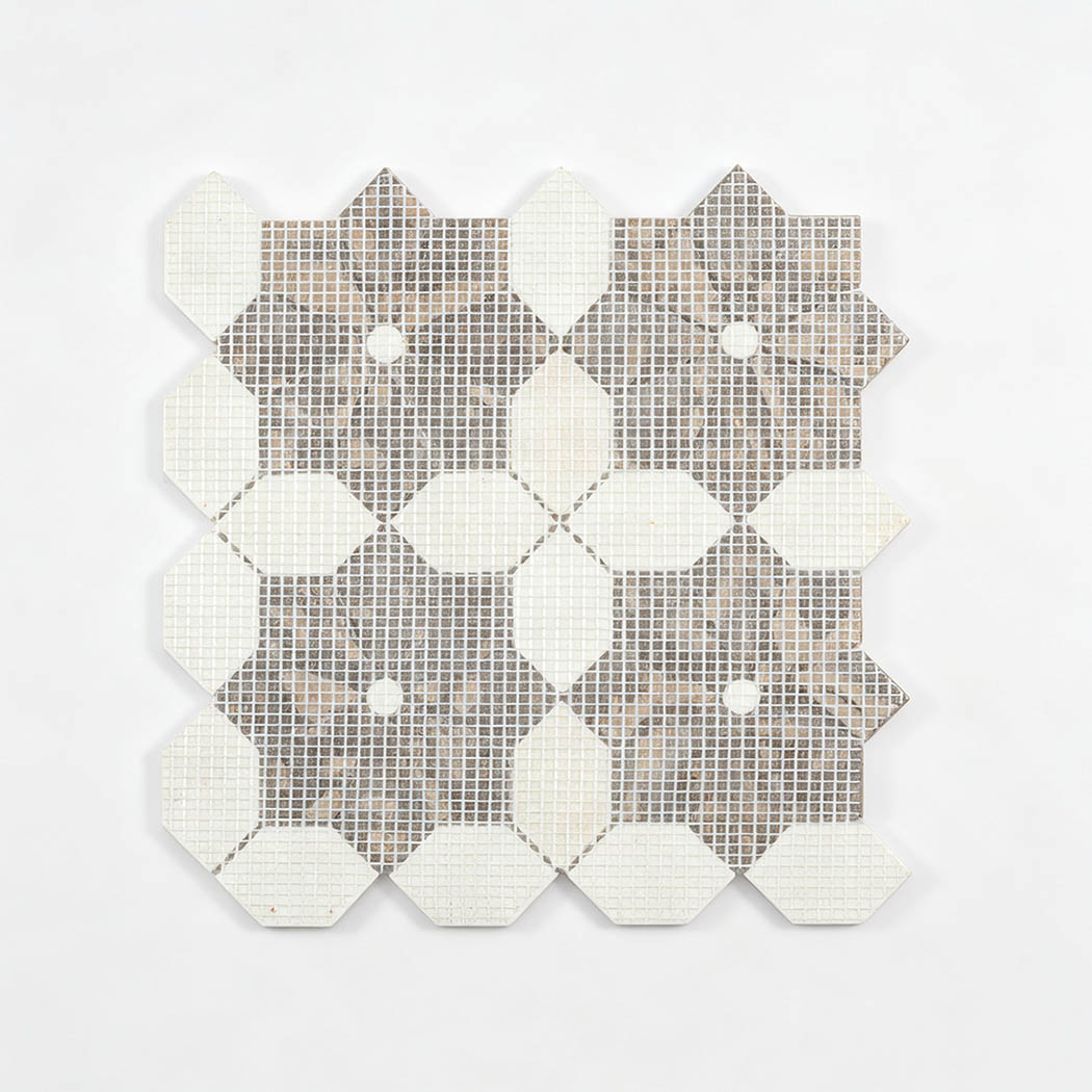 Mesh back view of white and brown marble floral mosaic tile sheet