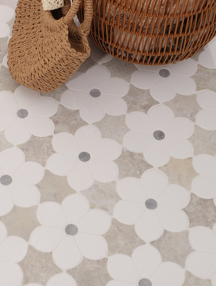 White daisy marble mosaic floor tile with gray centers and woven decor accents