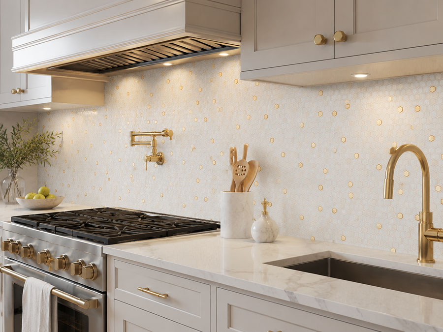 White and gold hexagon glass mosaic tile backsplash in a luxury kitchen