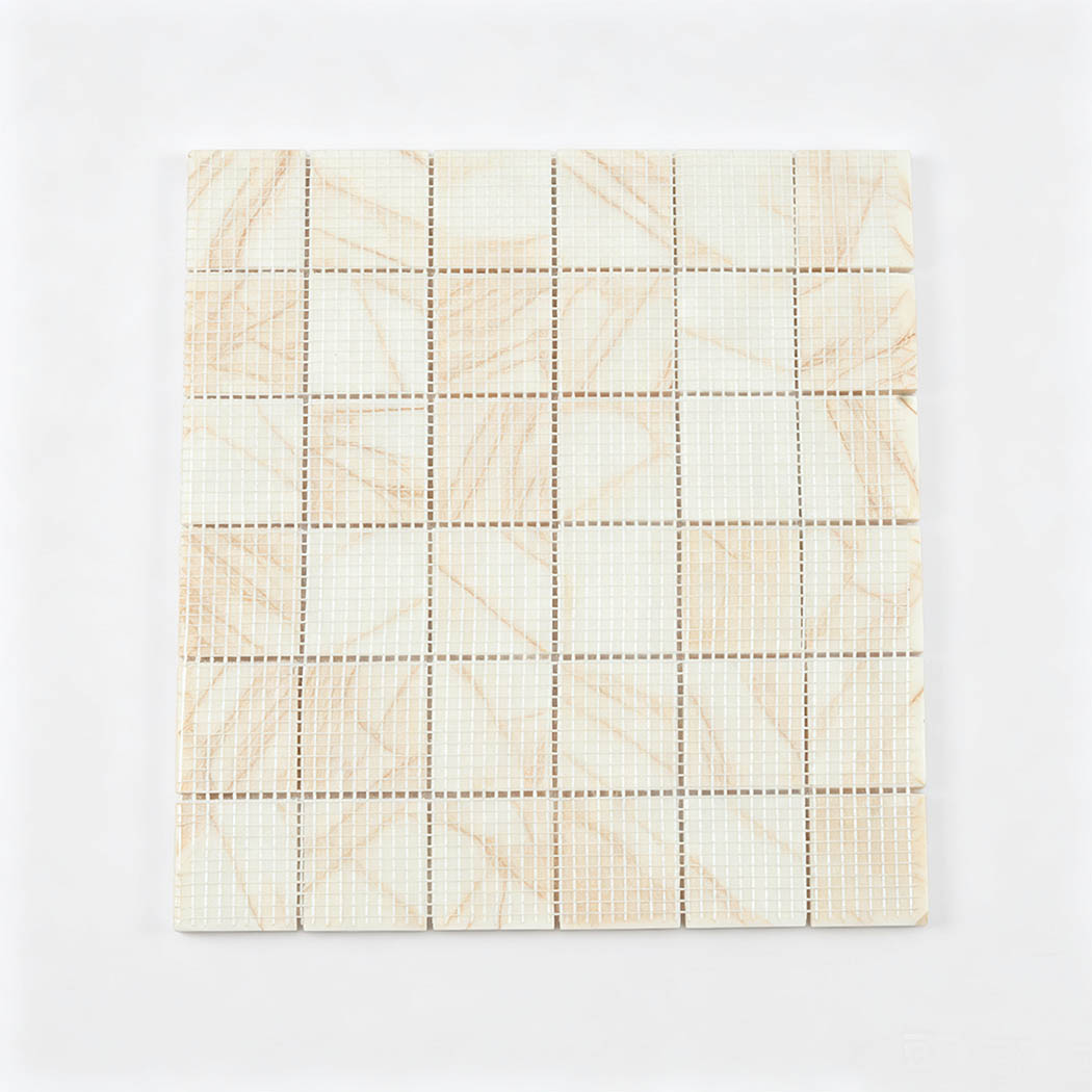 Mesh back view of white square marble mosaic tile with gold veins
