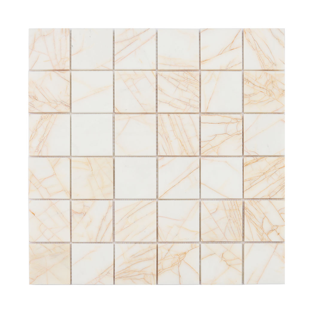 Front view of white square marble mosaic tile with gold veining