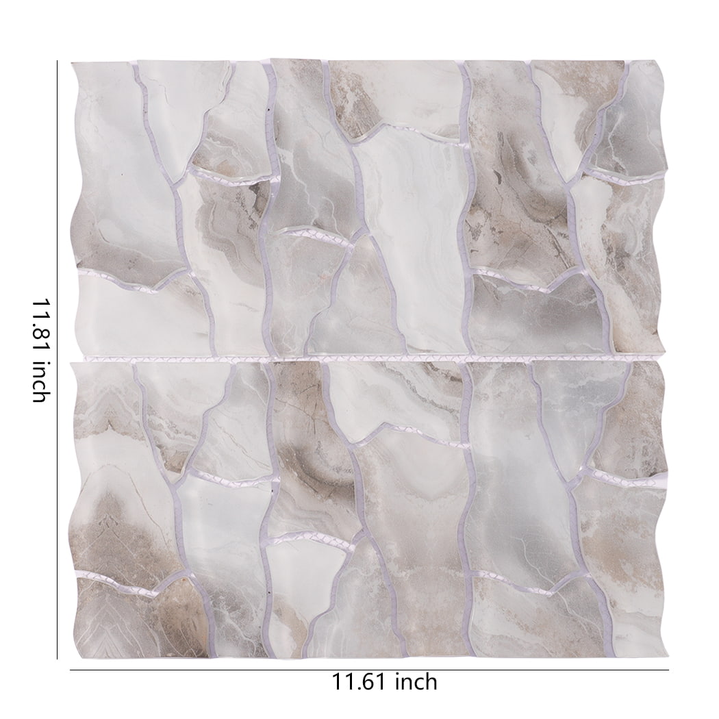 White gray irregular glass mosaic tile sheet measuring 11.61 x 11.81 inches