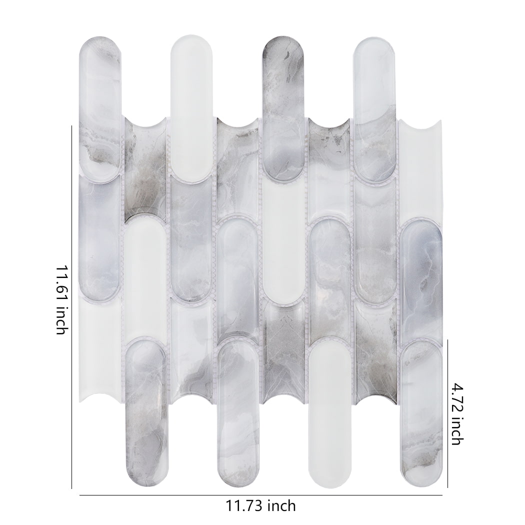 White gray pill shaped glass mosaic tile sheet with size dimensions