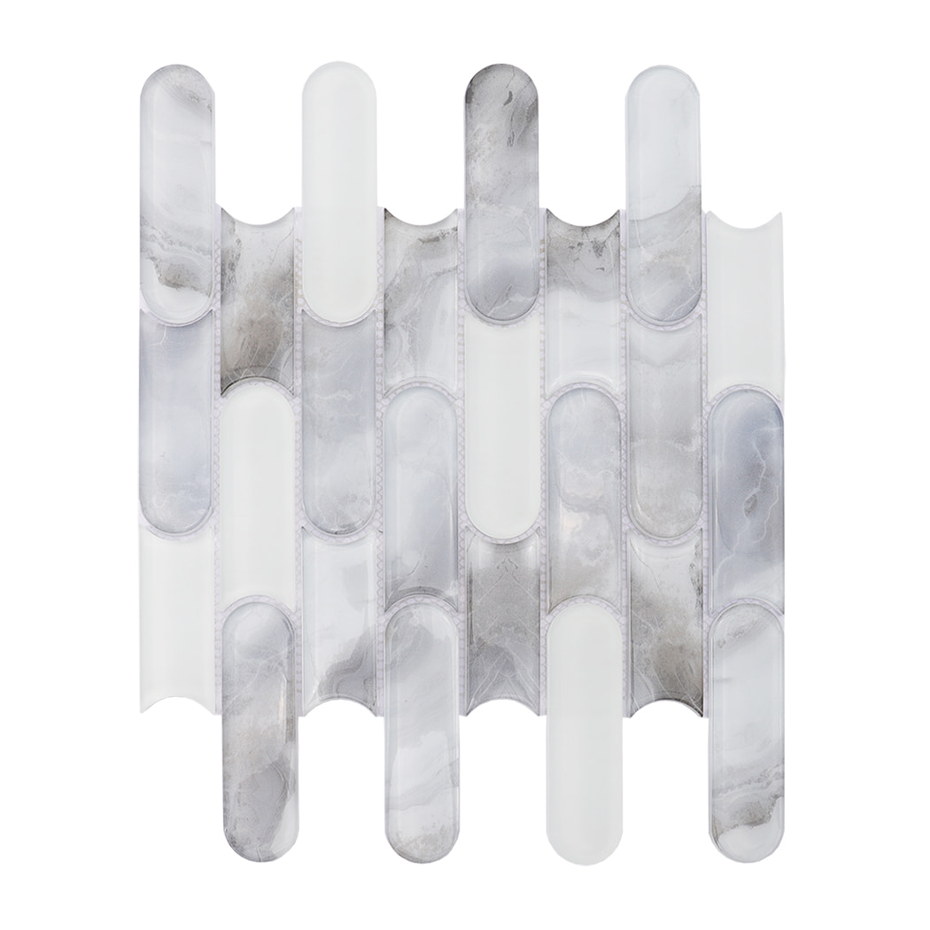 White gray pill shaped glass mosaic tile sheet on a white background