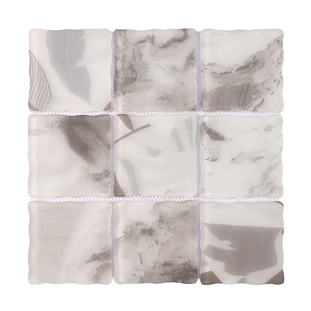 White gray wavy square glass mosaic tile sheet with abstract patterns