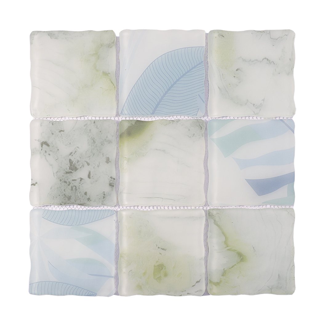 White green blue wavy square glass mosaic tile sheet with leaf patterns