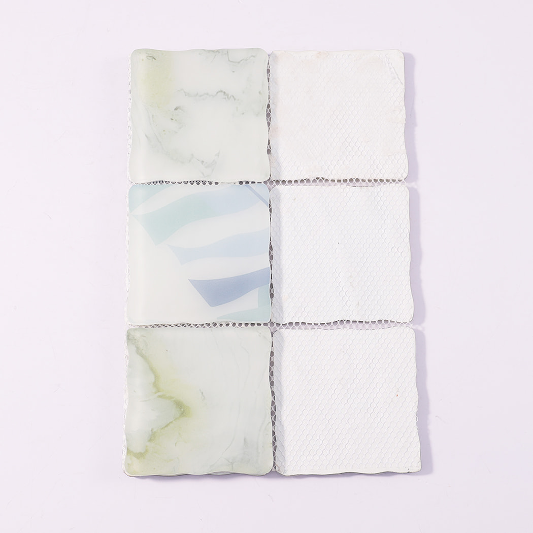 Back view of white green blue wavy square glass mosaic tiles with mesh backing