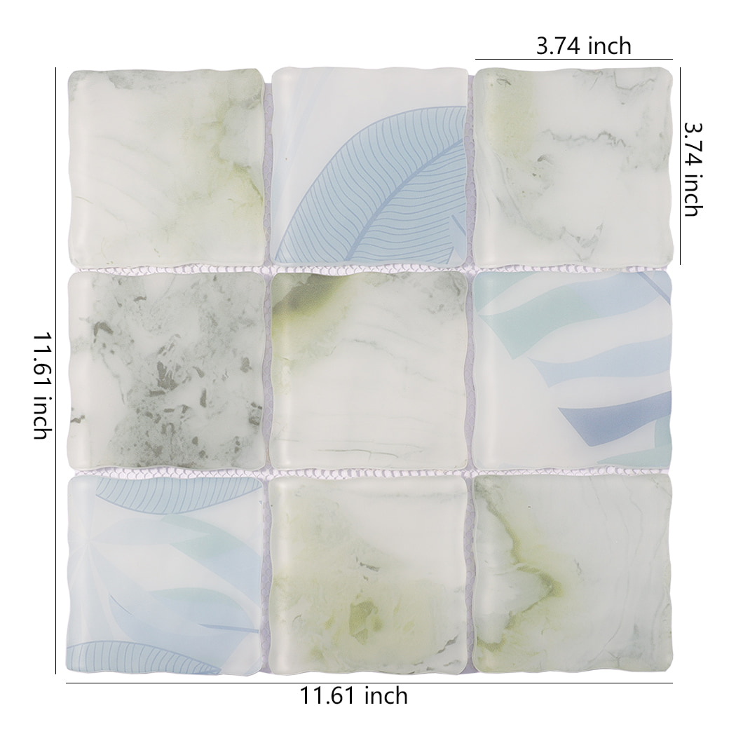 White green blue wavy square glass mosaic tile sheet with 3.74 inch pieces
