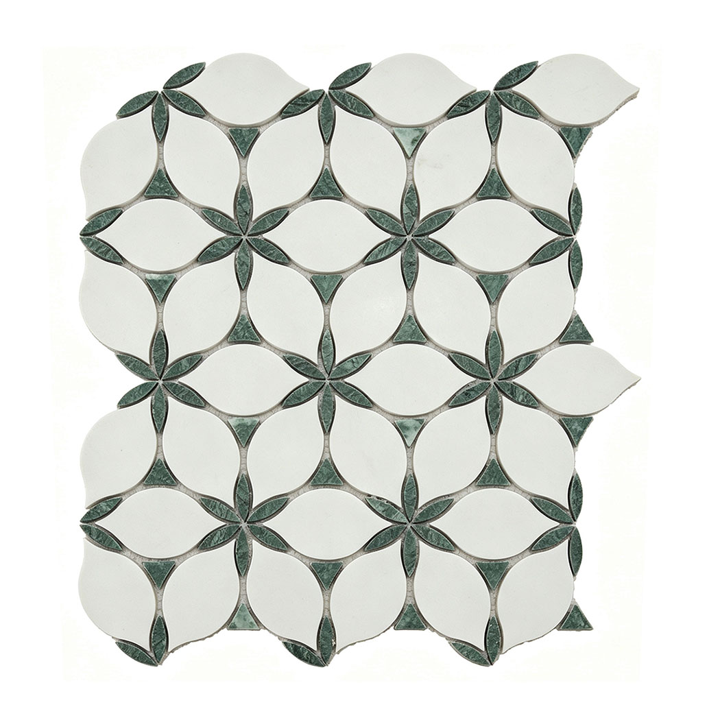Front view of white and green marble leaf pattern mosaic tile