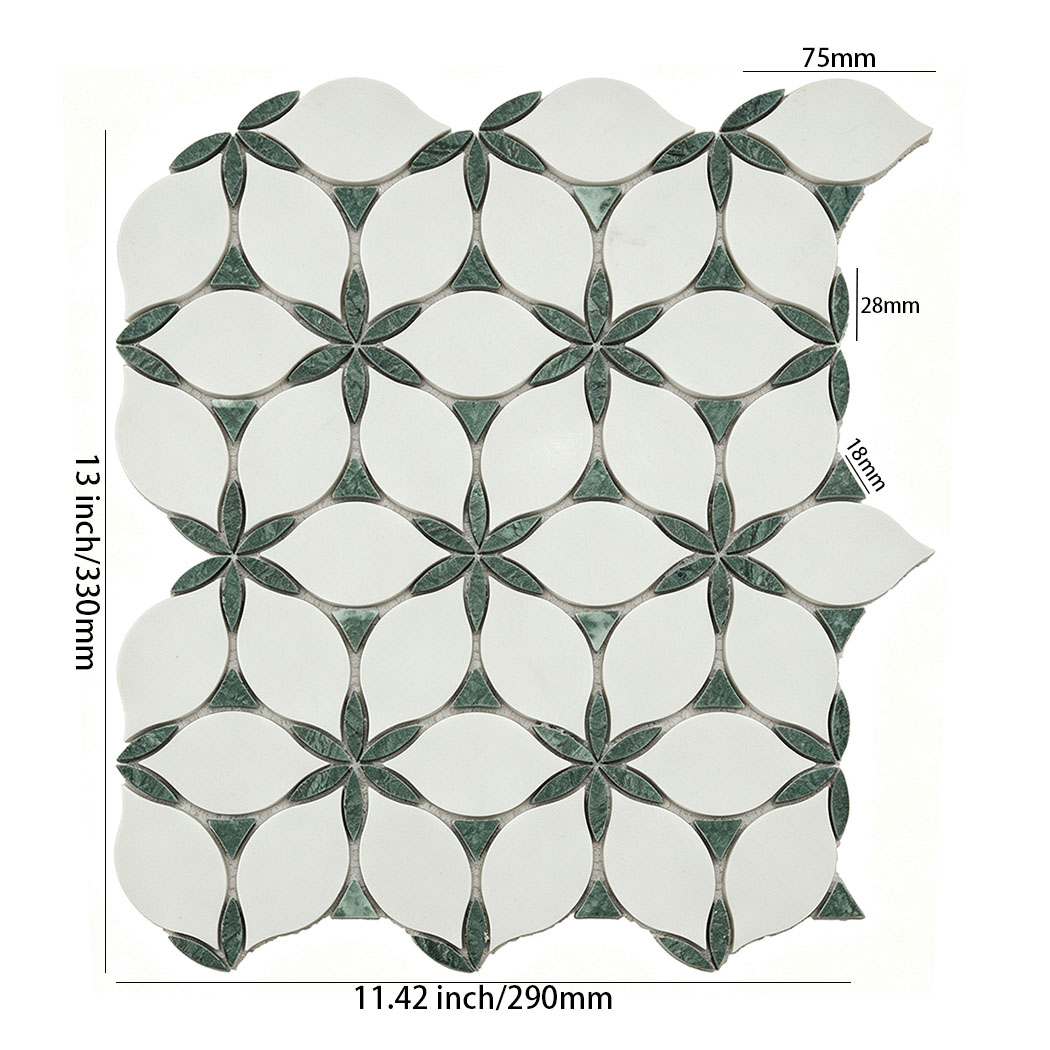 White and green marble leaf mosaic tile with size details
