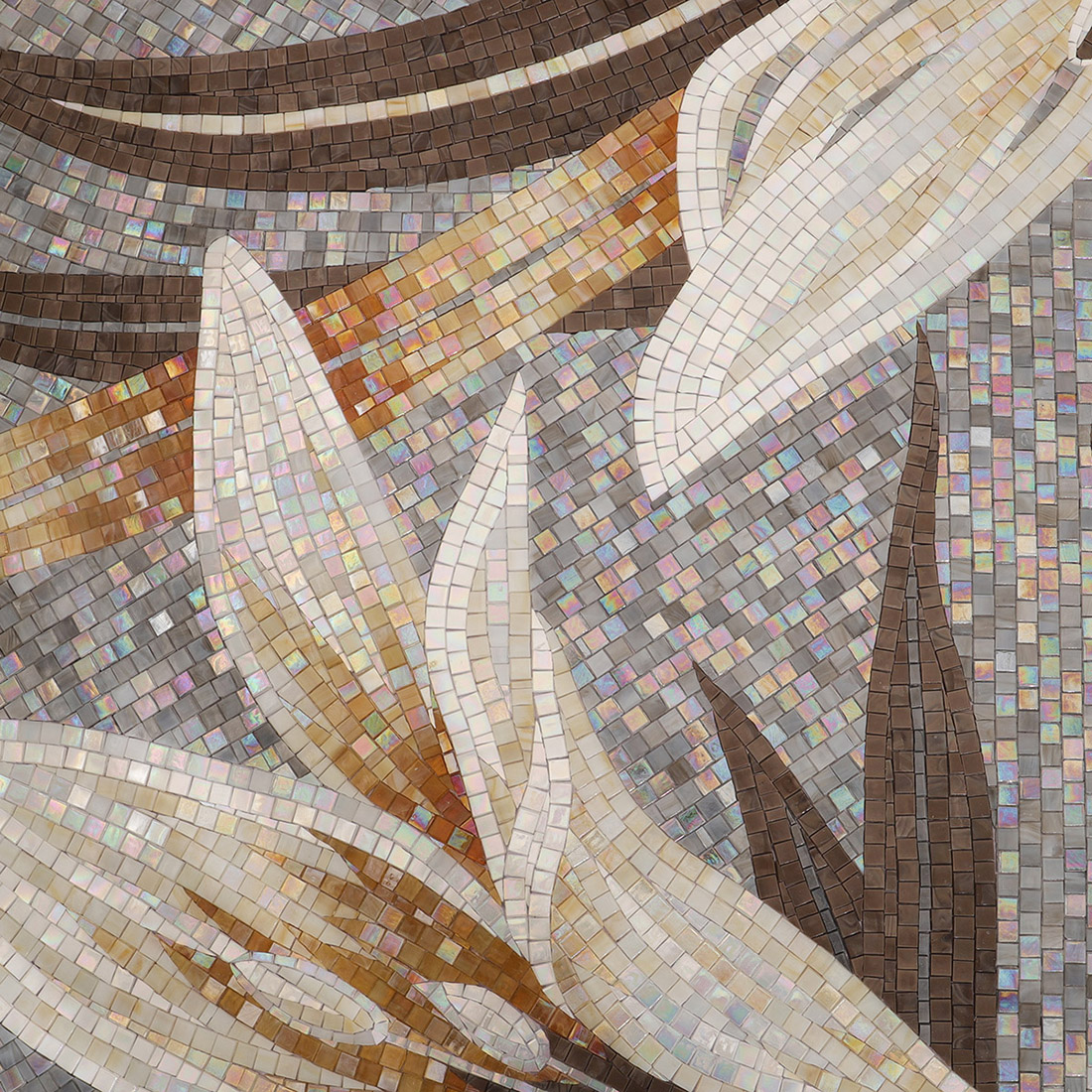White lily handmade mosaic mural with gray iridescent background and gold leaves
