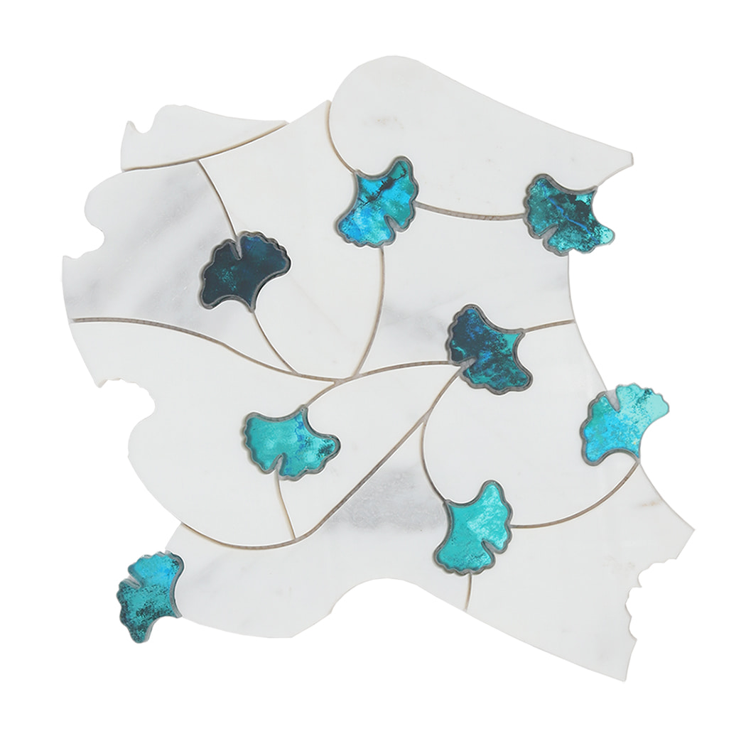 Full sheet view of white marble and teal glass waterjet floral mosaic tile