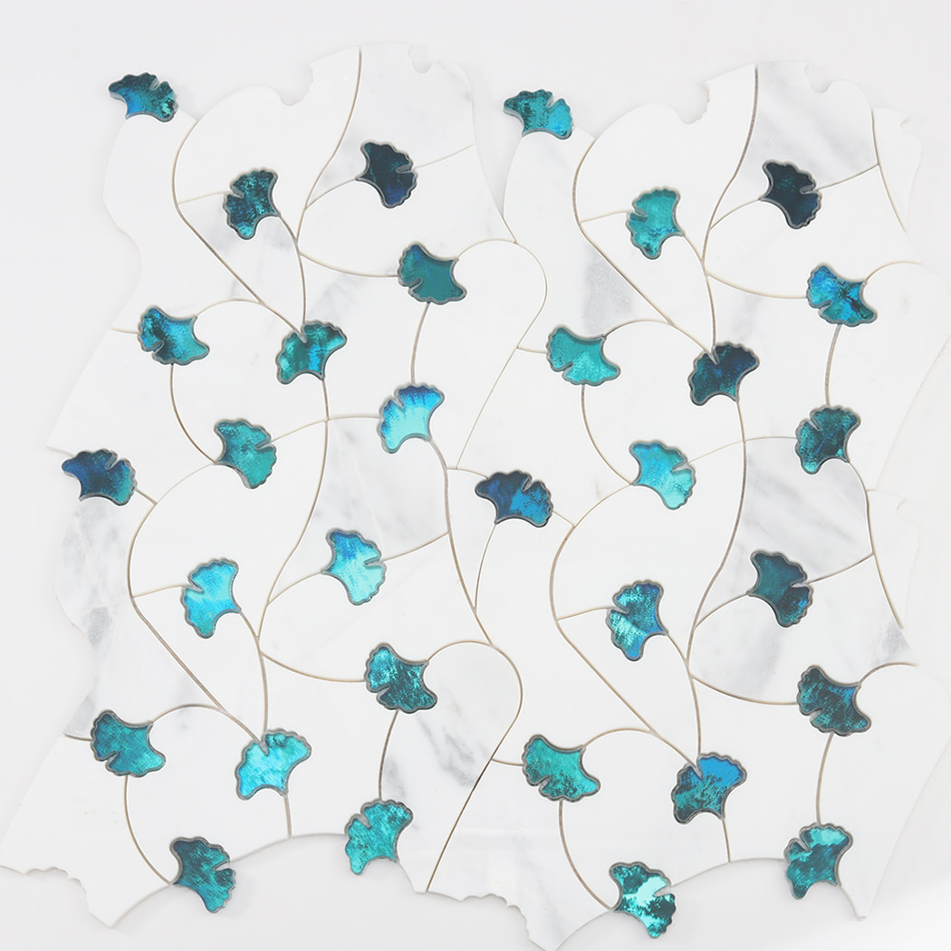 Single sheet perspective of white marble and teal glass waterjet floral mosaic
