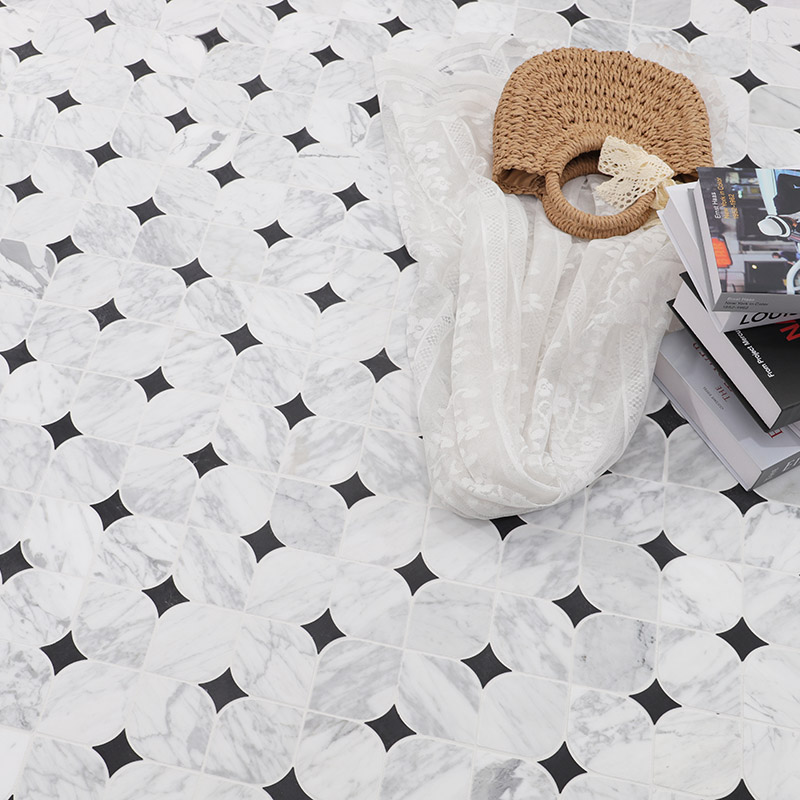 White marble flower mosaic floor tile with black dot accents