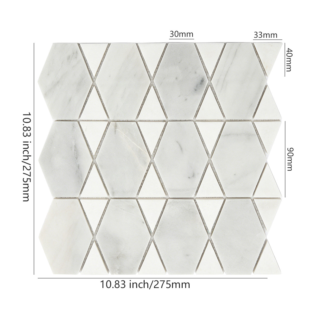 White marble geometric mosaic tile sheet in 275mm dimensions