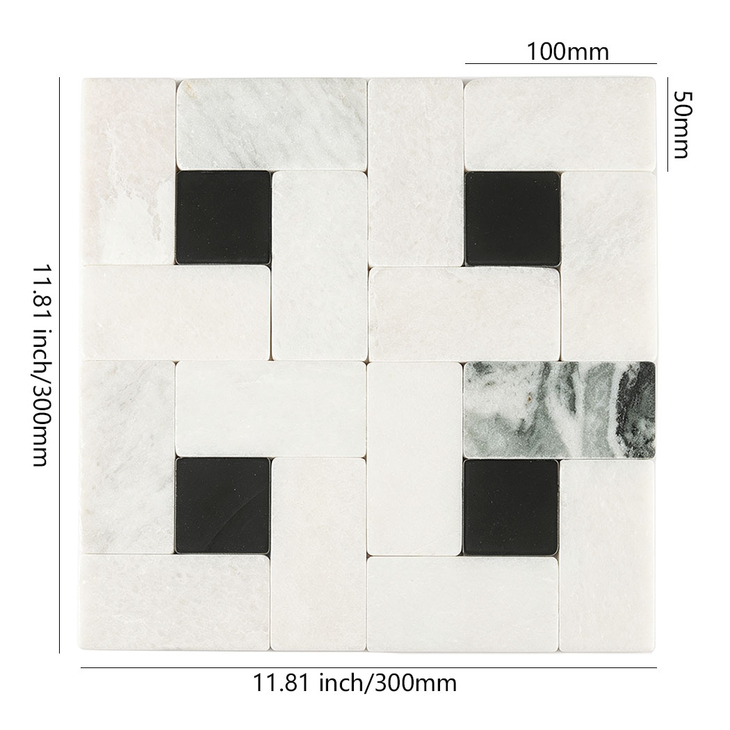 White marble geometric mosaic with black accents and 300 mm sheet dimensions