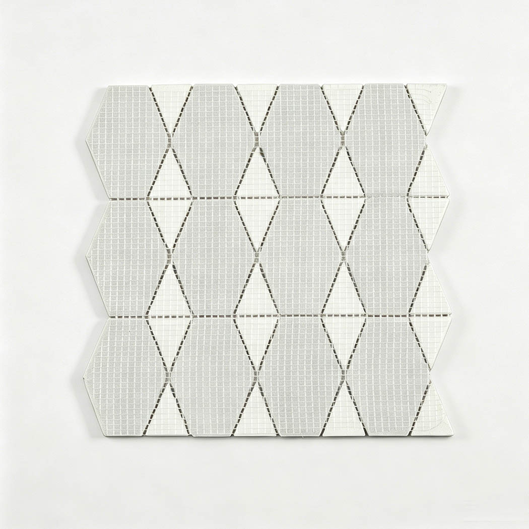 Mesh backing of white marble geometric mosaic tile sheet