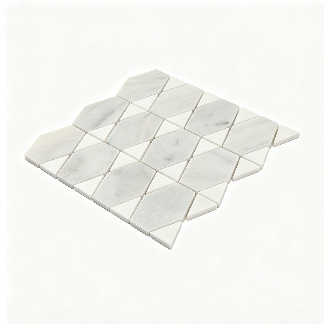White marble geometric mosaic tile sample with an elegant repeating pattern