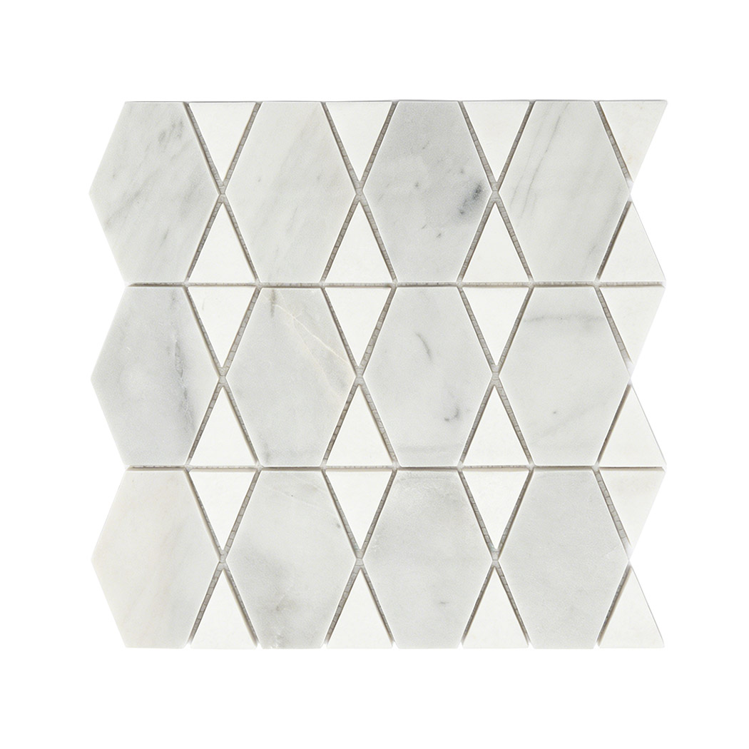 White marble geometric mosaic tile with elongated hexagon and triangle pieces