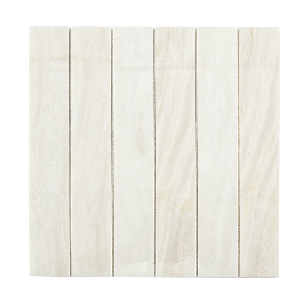 Front view of white marble linear mosaic tile sheet