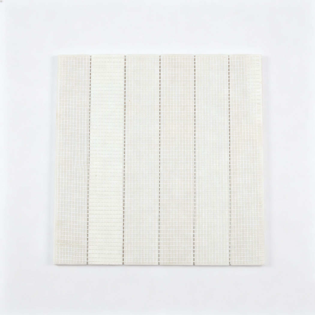 Mesh back view of white marble linear mosaic tile sheet
