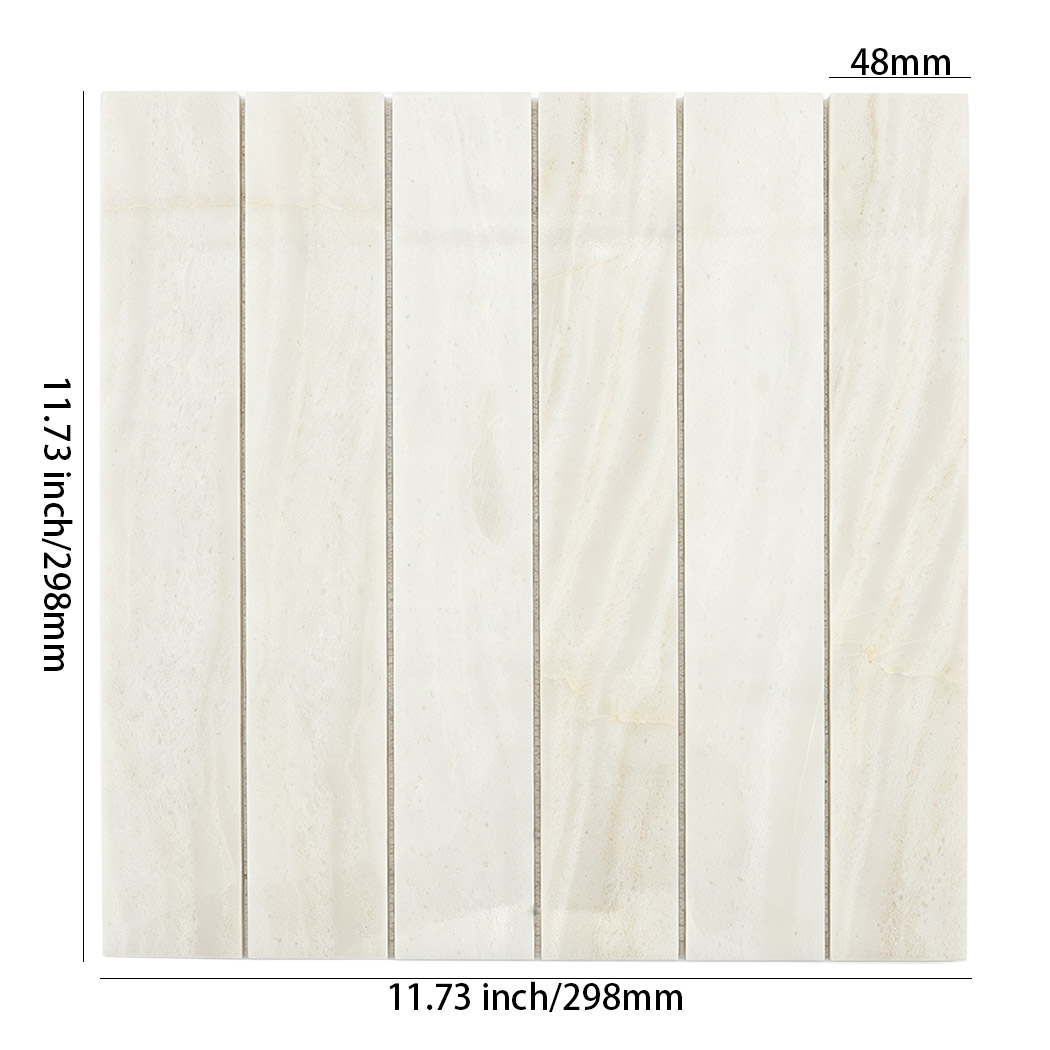 White marble linear mosaic tile sheet with size details