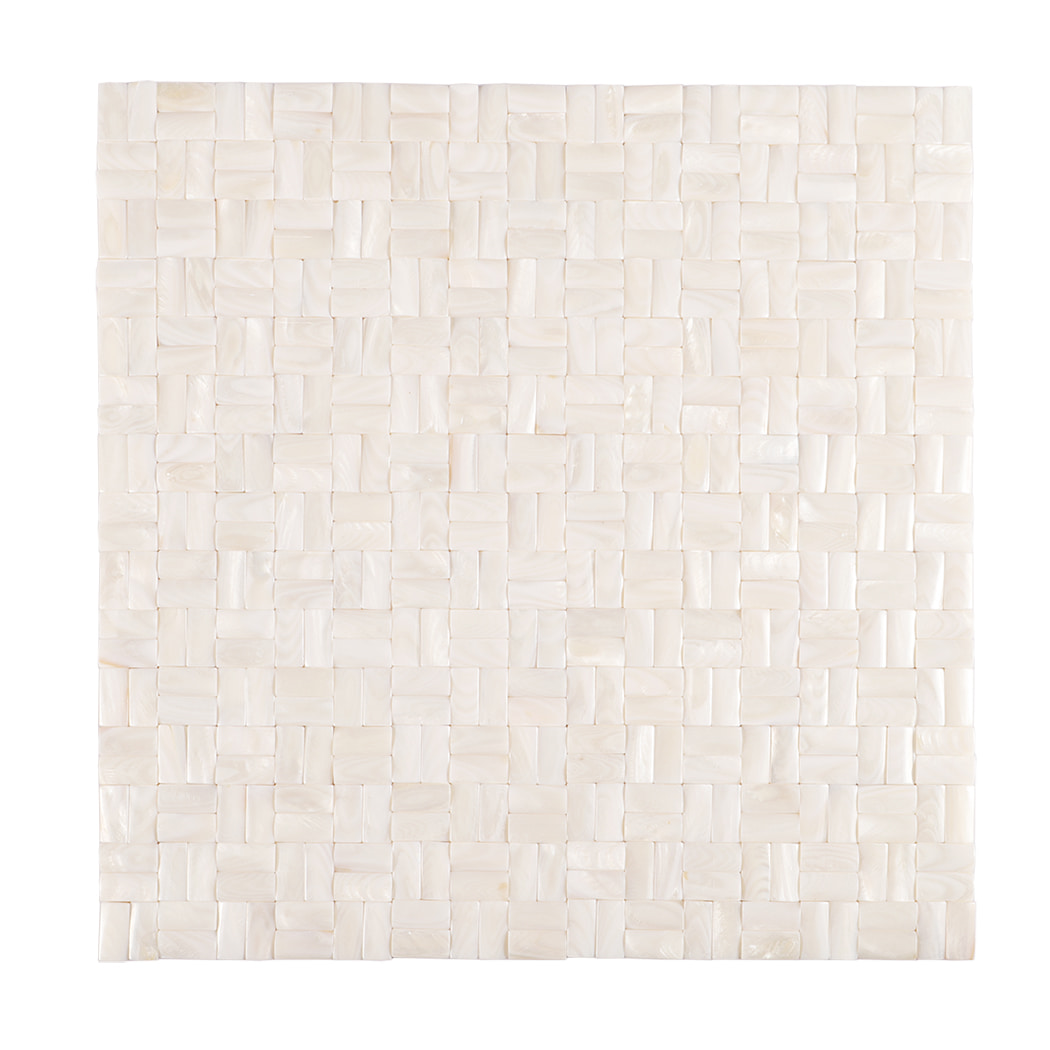Front view of white mother of pearl basket weave mosaic tile with glossy surface.