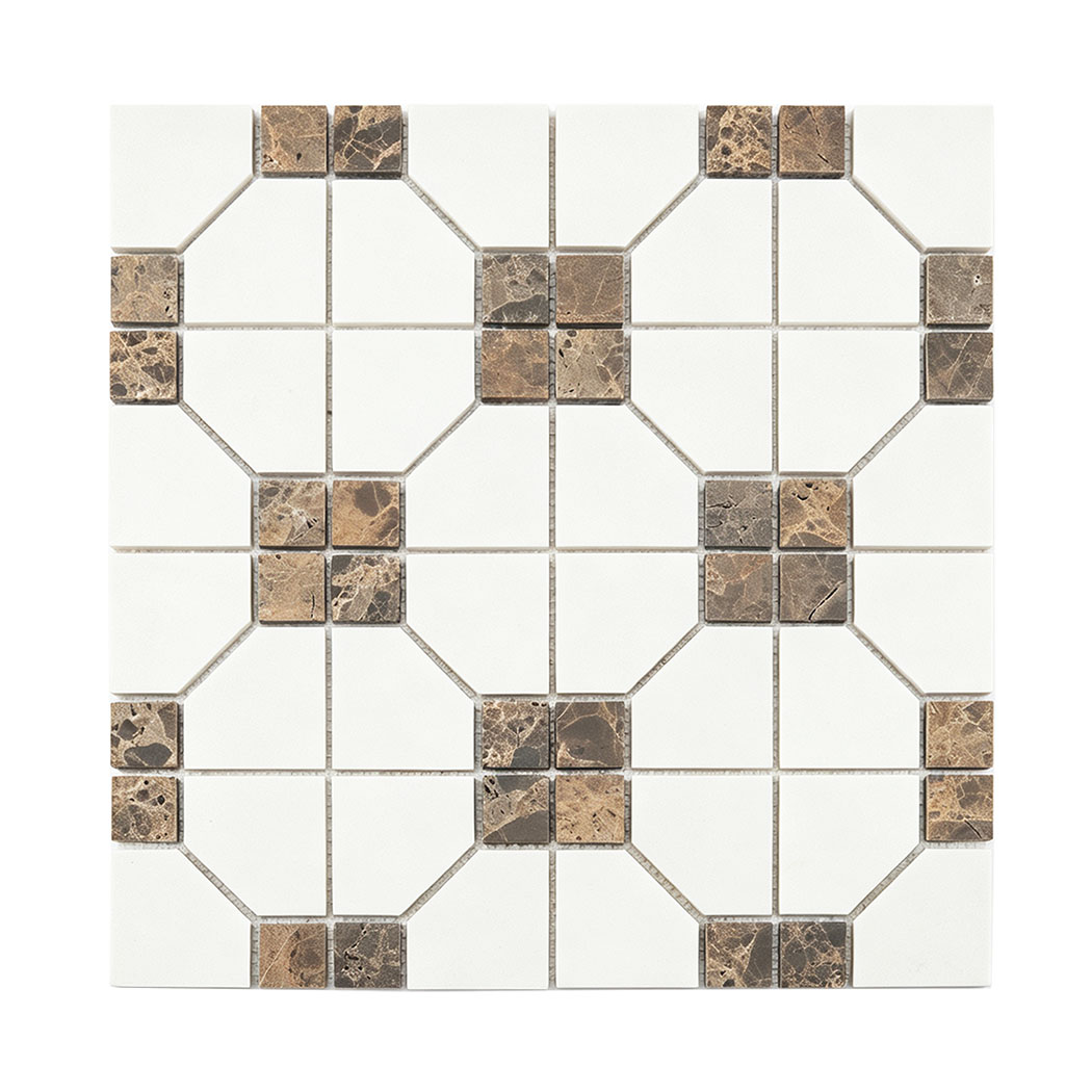 White octagon mosaic tile sheet with natural brown marble square accents