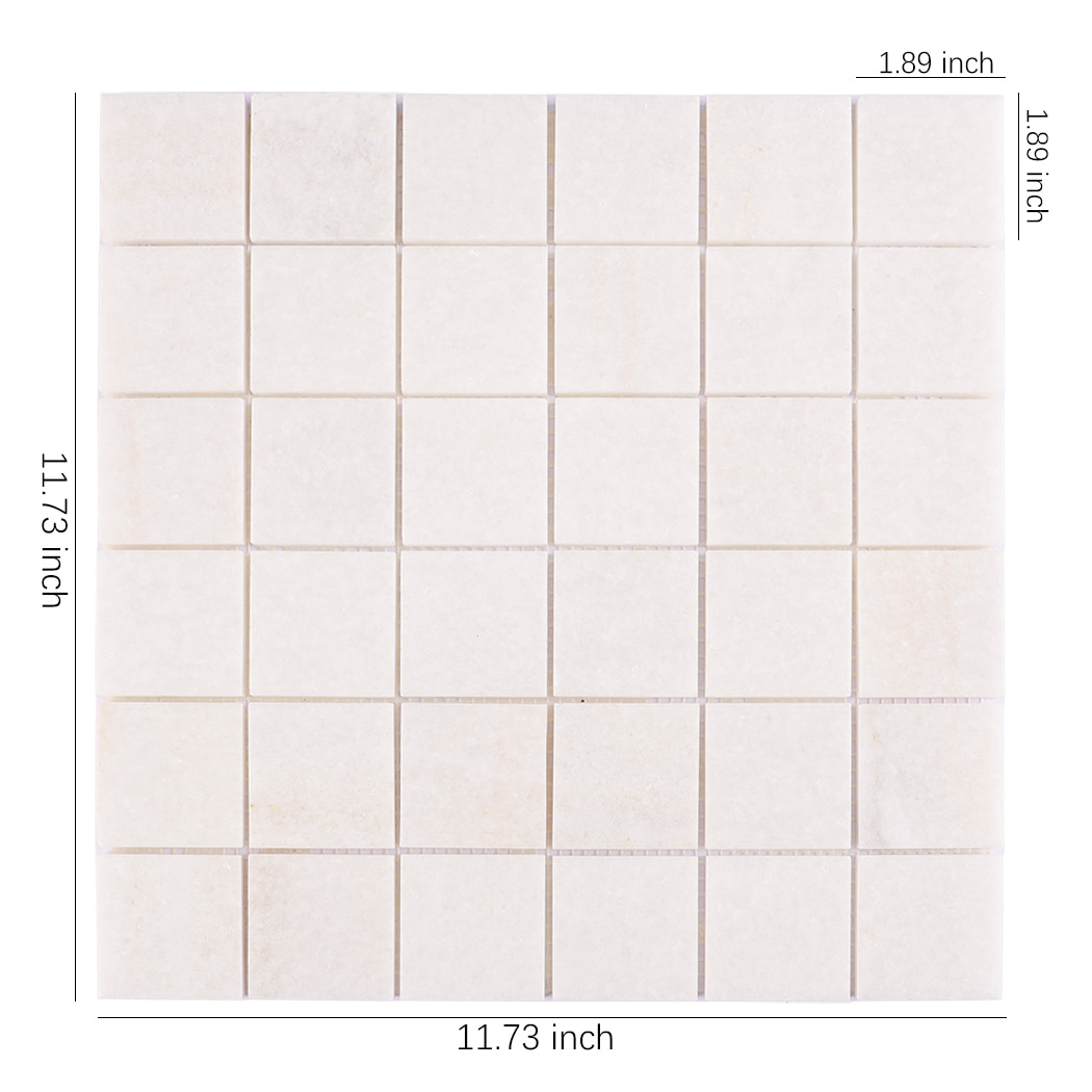 White square marble mosaic tile sheet with inch measurements shown