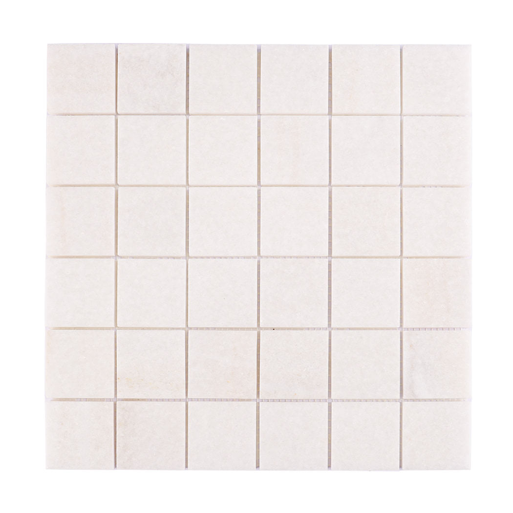 Front view of white marble mosaic tile with uniform square pattern
