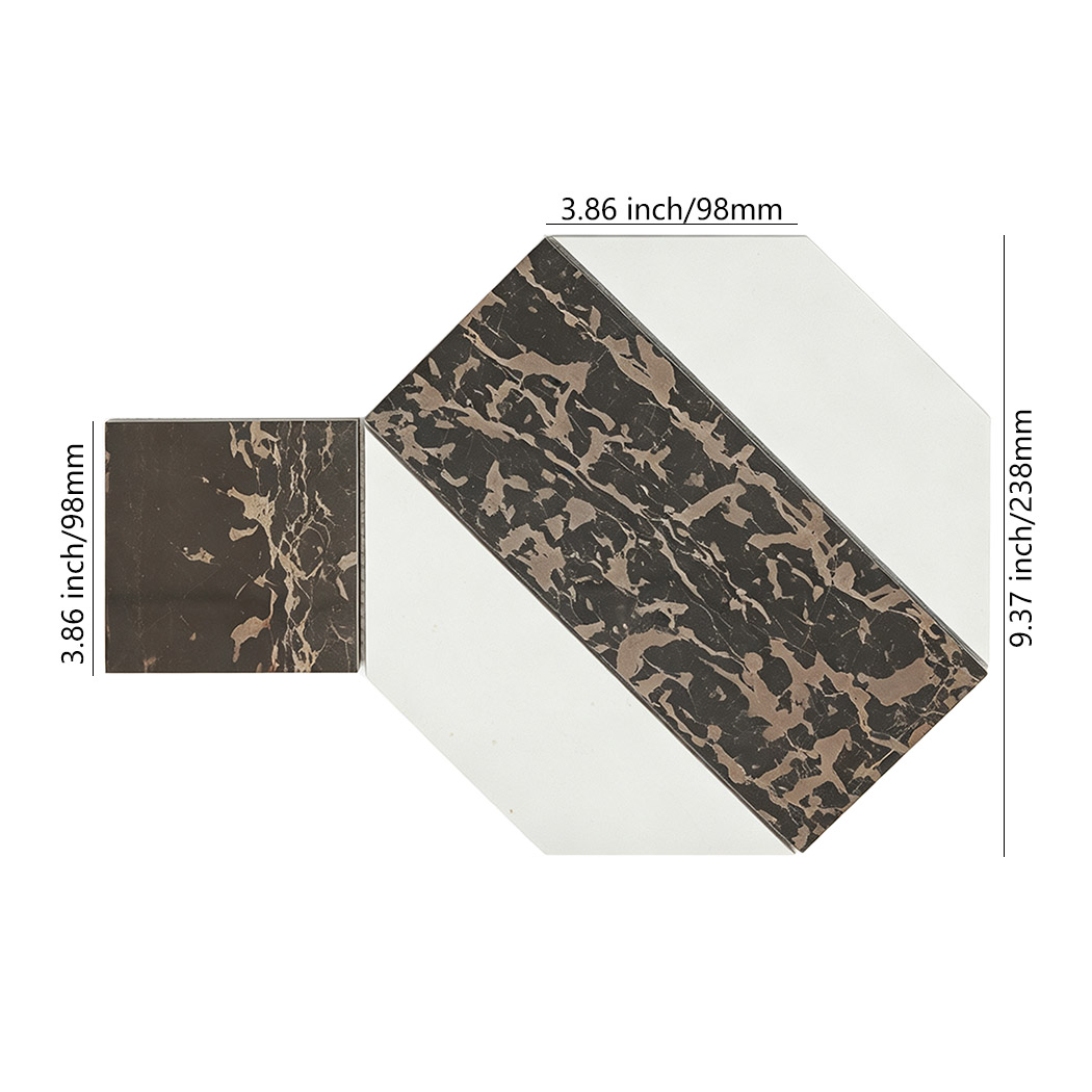 White and brown marble geometric mosaic tile with 98mm square and 238mm octagon pieces