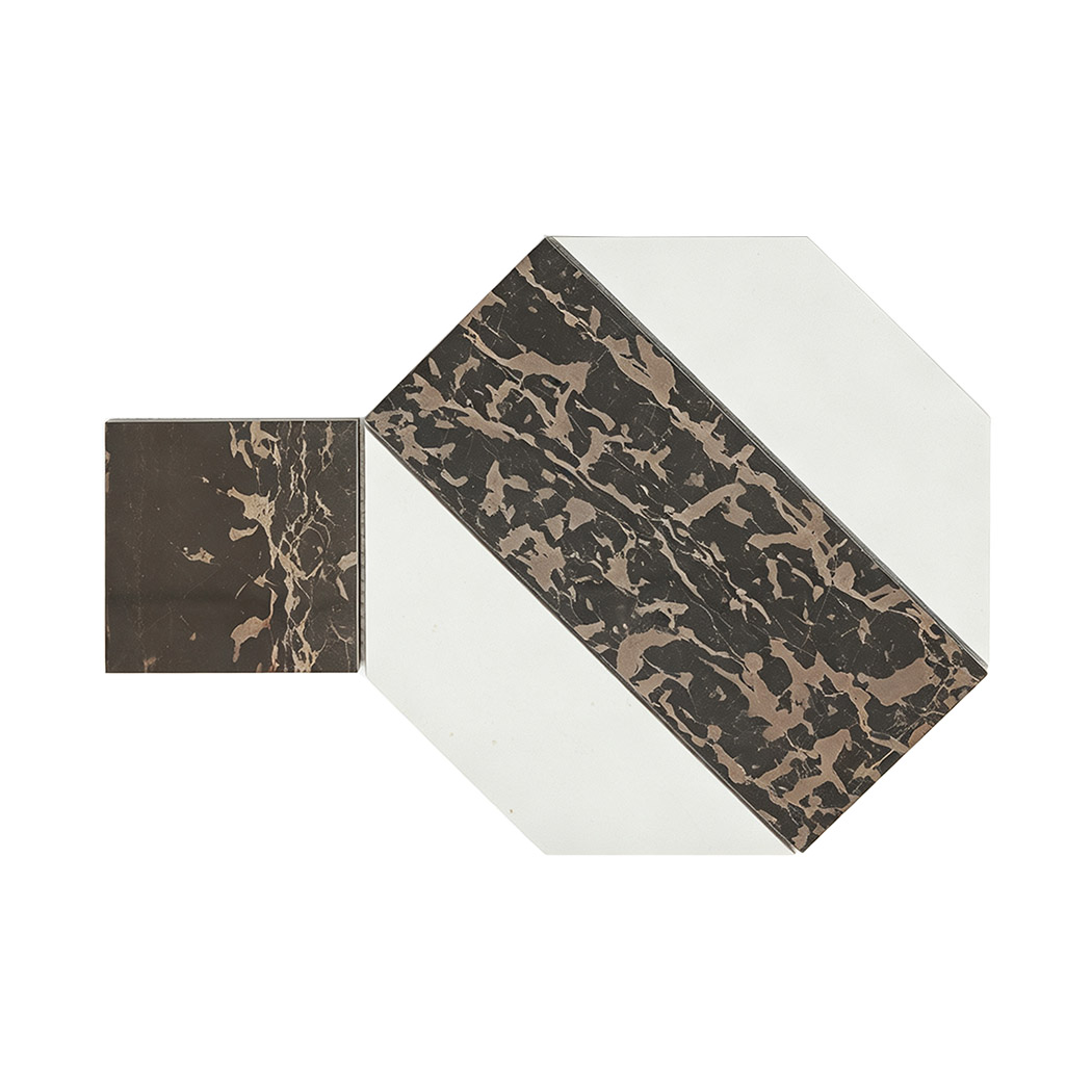 White octagon and brown marble geometric mosaic tile pieces