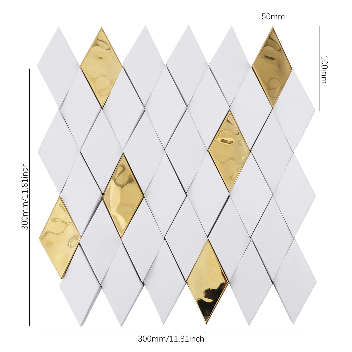Dimension diagram of white and gold diamond shaped stainless steel mosaic.