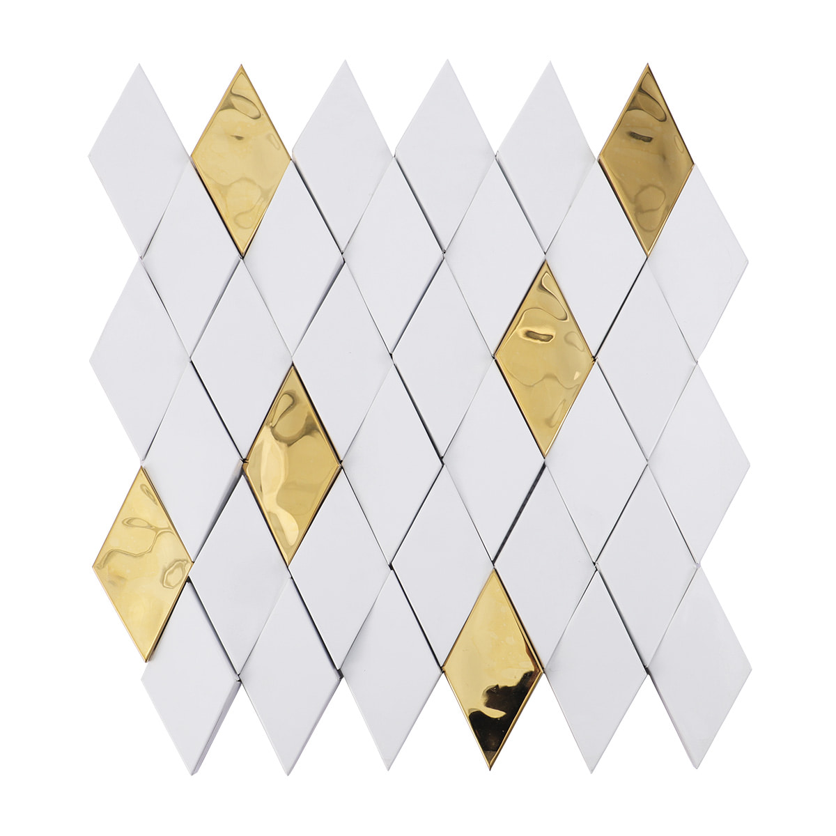 Top down view of a full white and gold 3D diamond cut mosaic tile sheet.