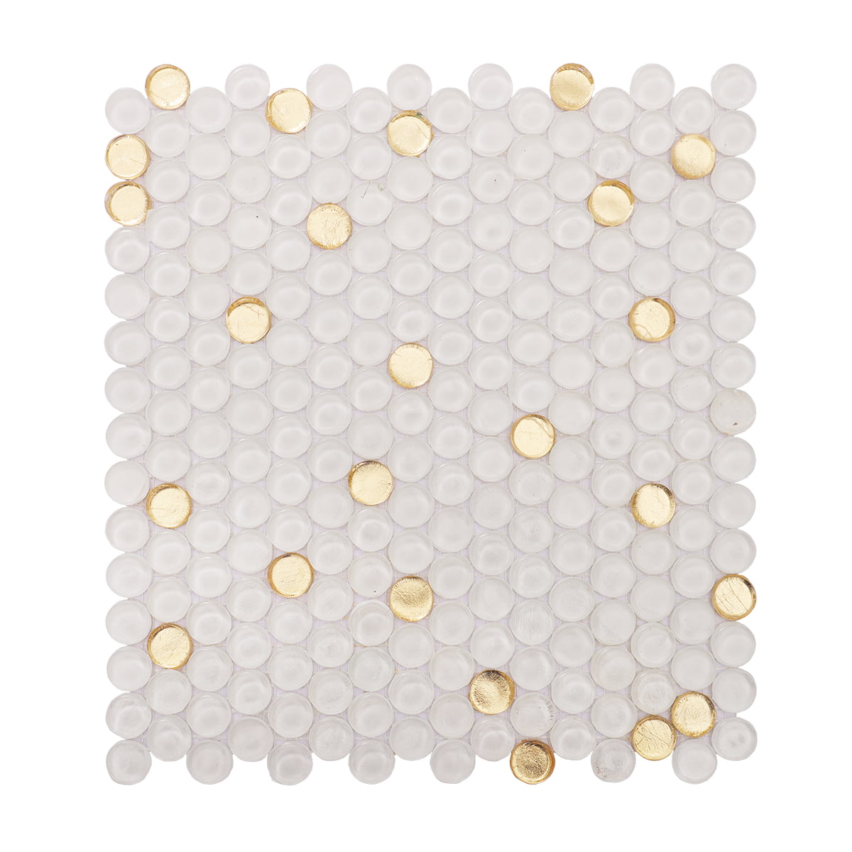 Clear glass penny round tiles with gold circles arranged in a scattered pattern