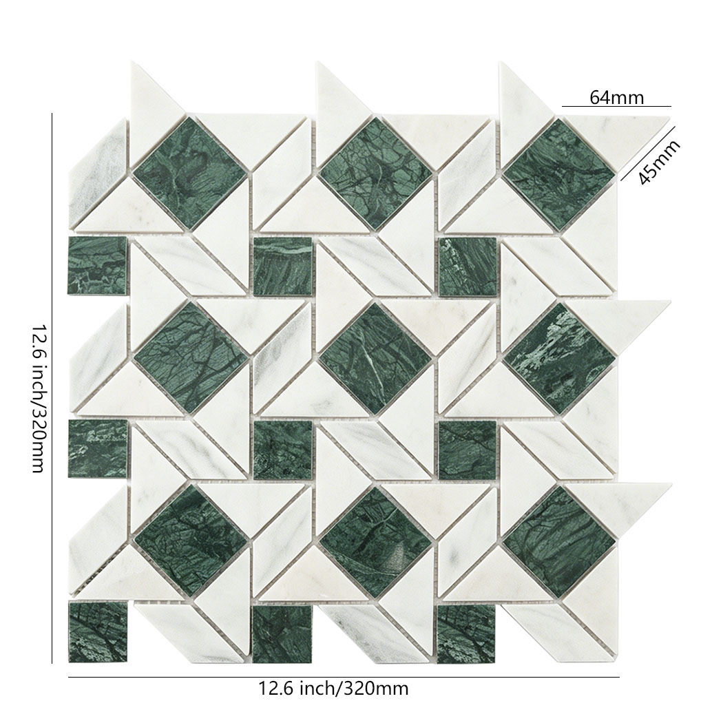 White and green marble geometric mosaic tile sheet in 320mm dimensions