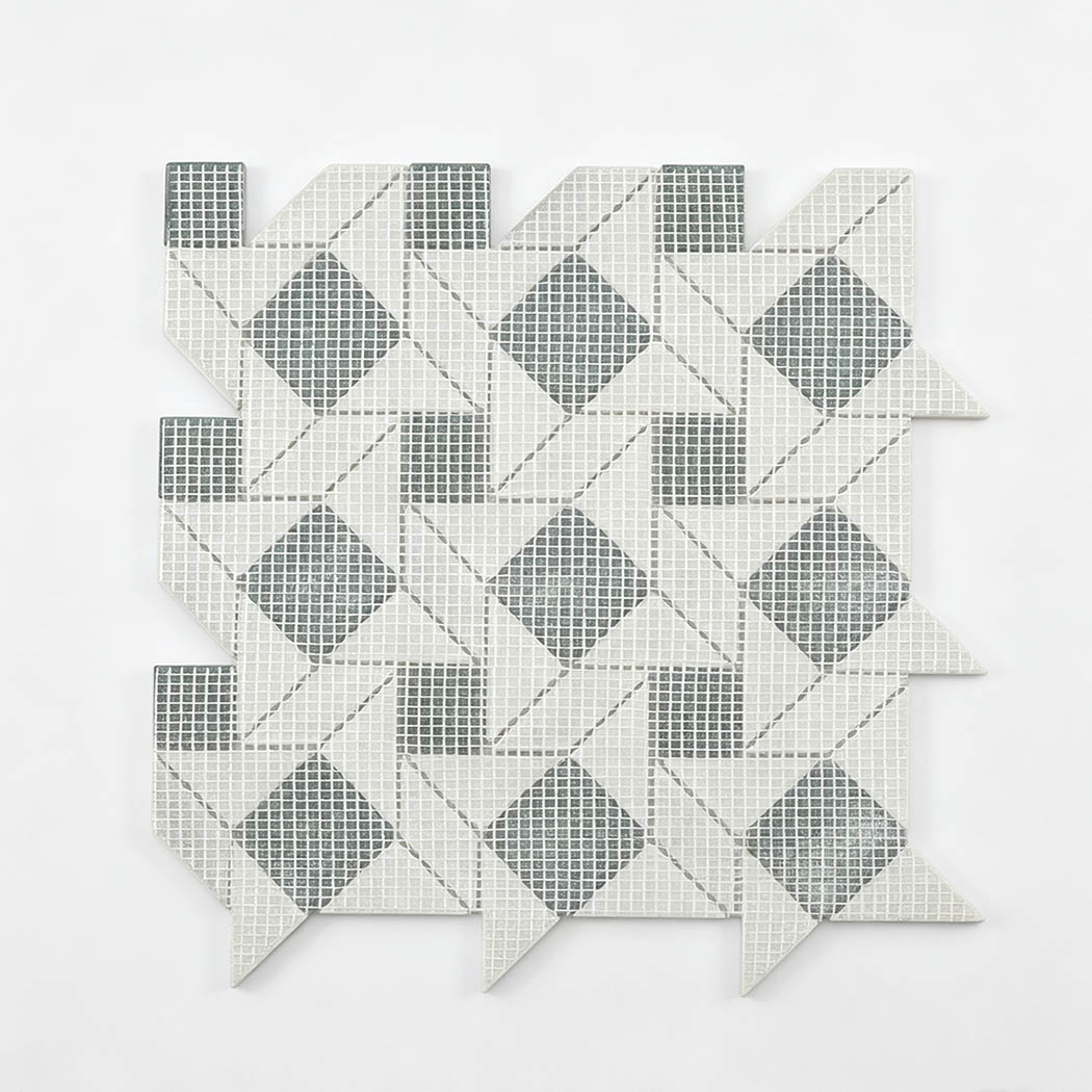 Mesh backing of white and green marble geometric mosaic tile sheet